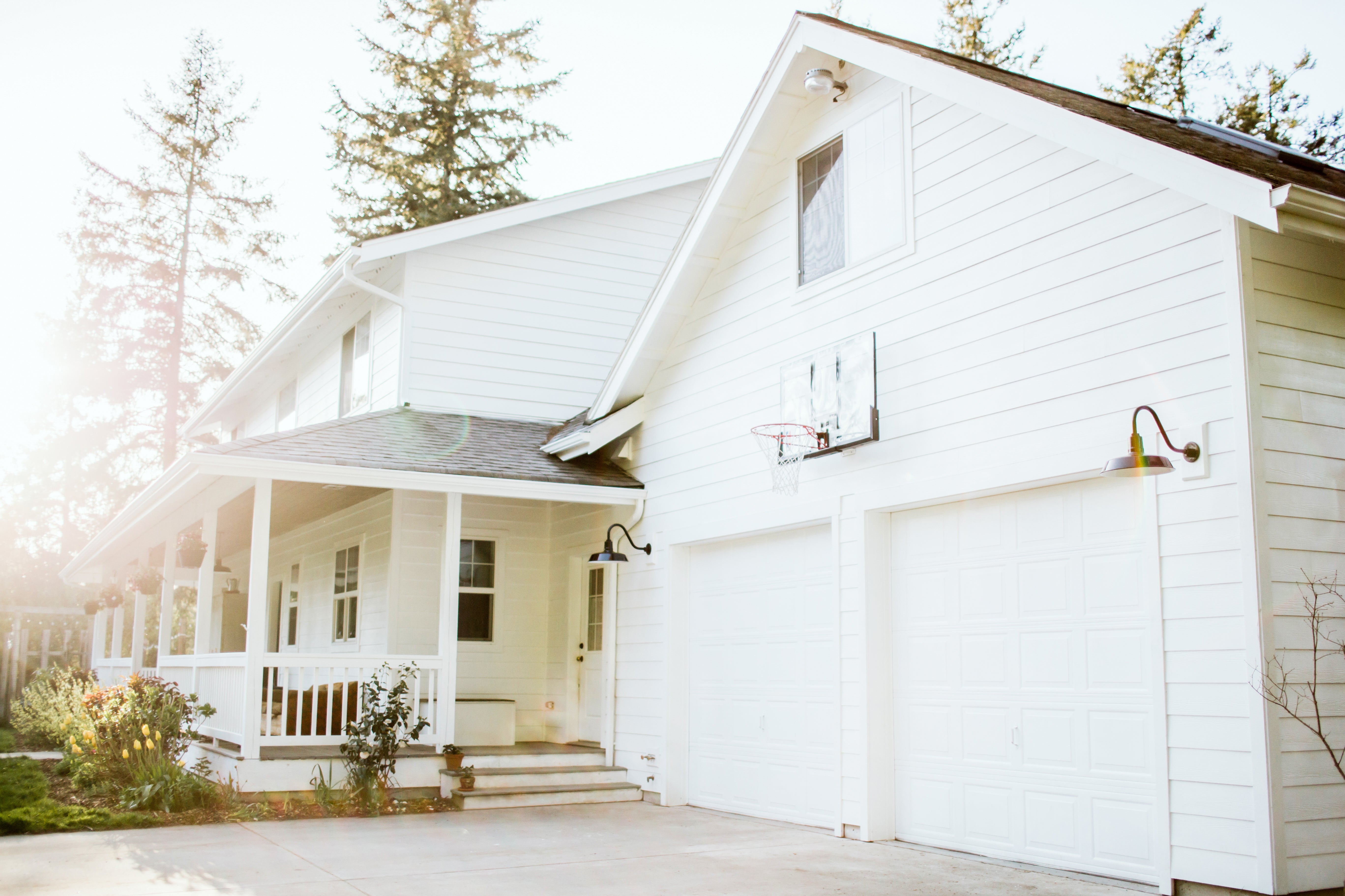 white house with a white garage