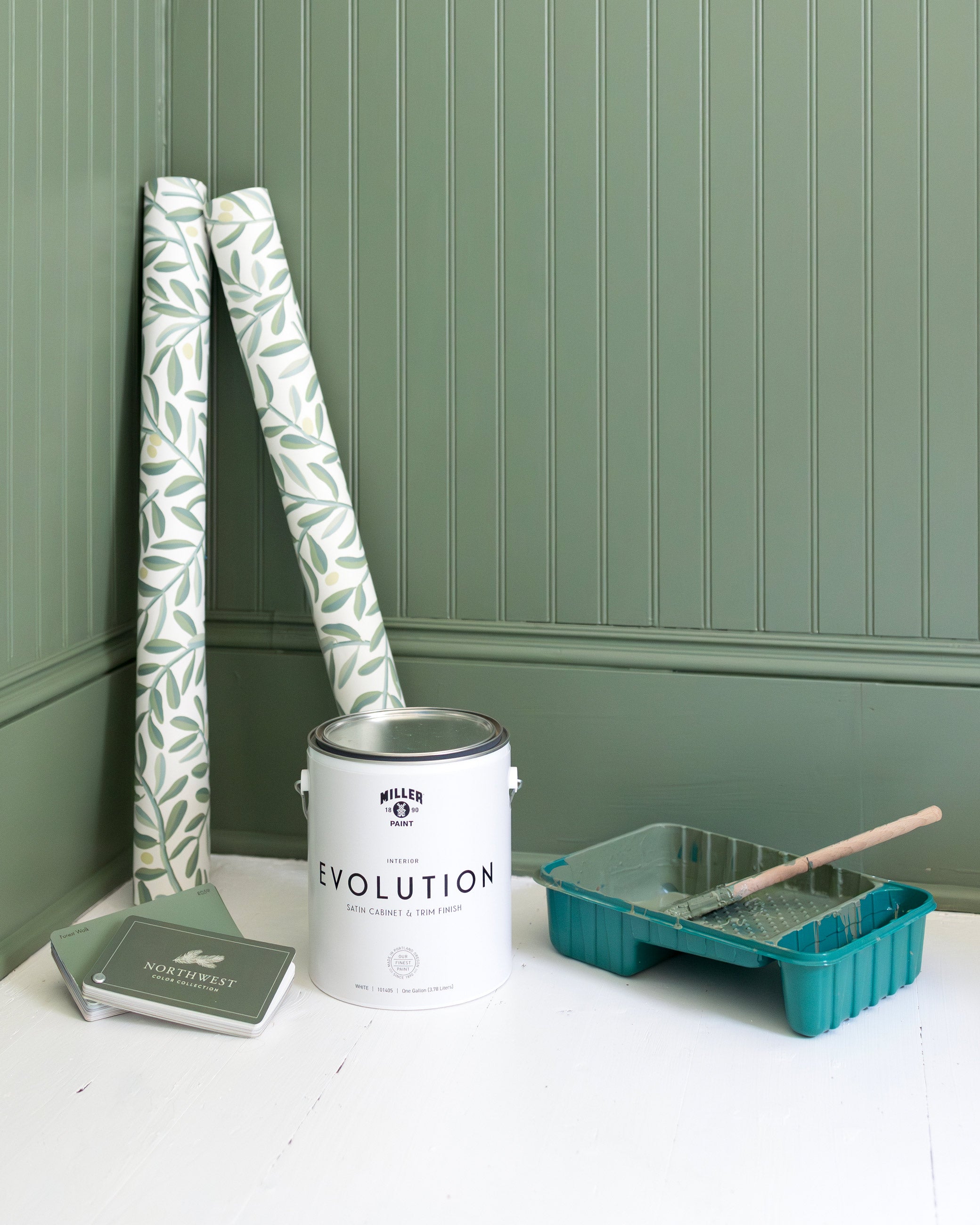 Green paint and wallpaper.