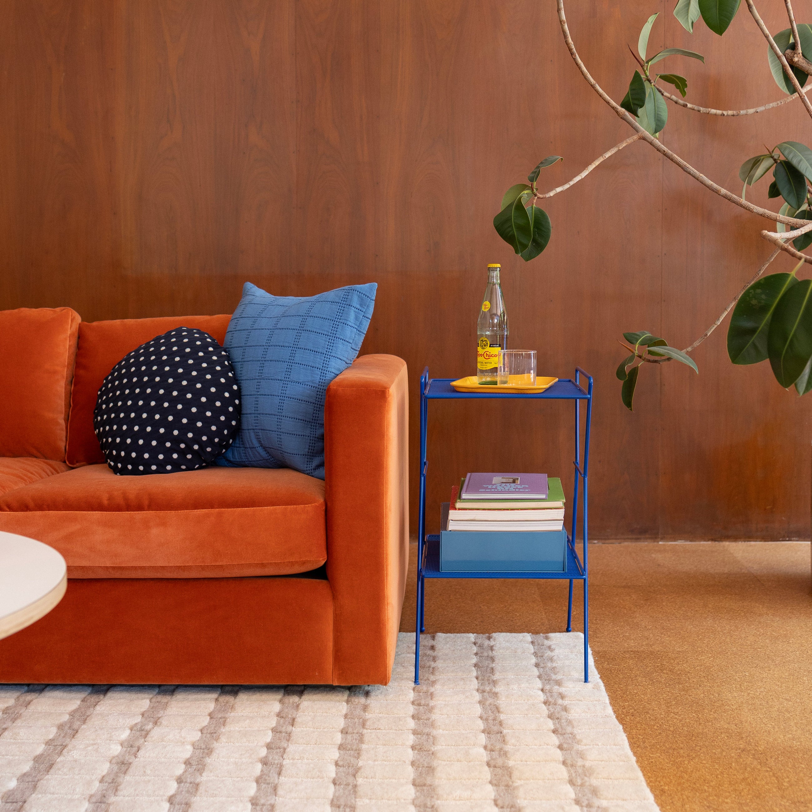 Polka dot circle pillow on lush velvet couch. 