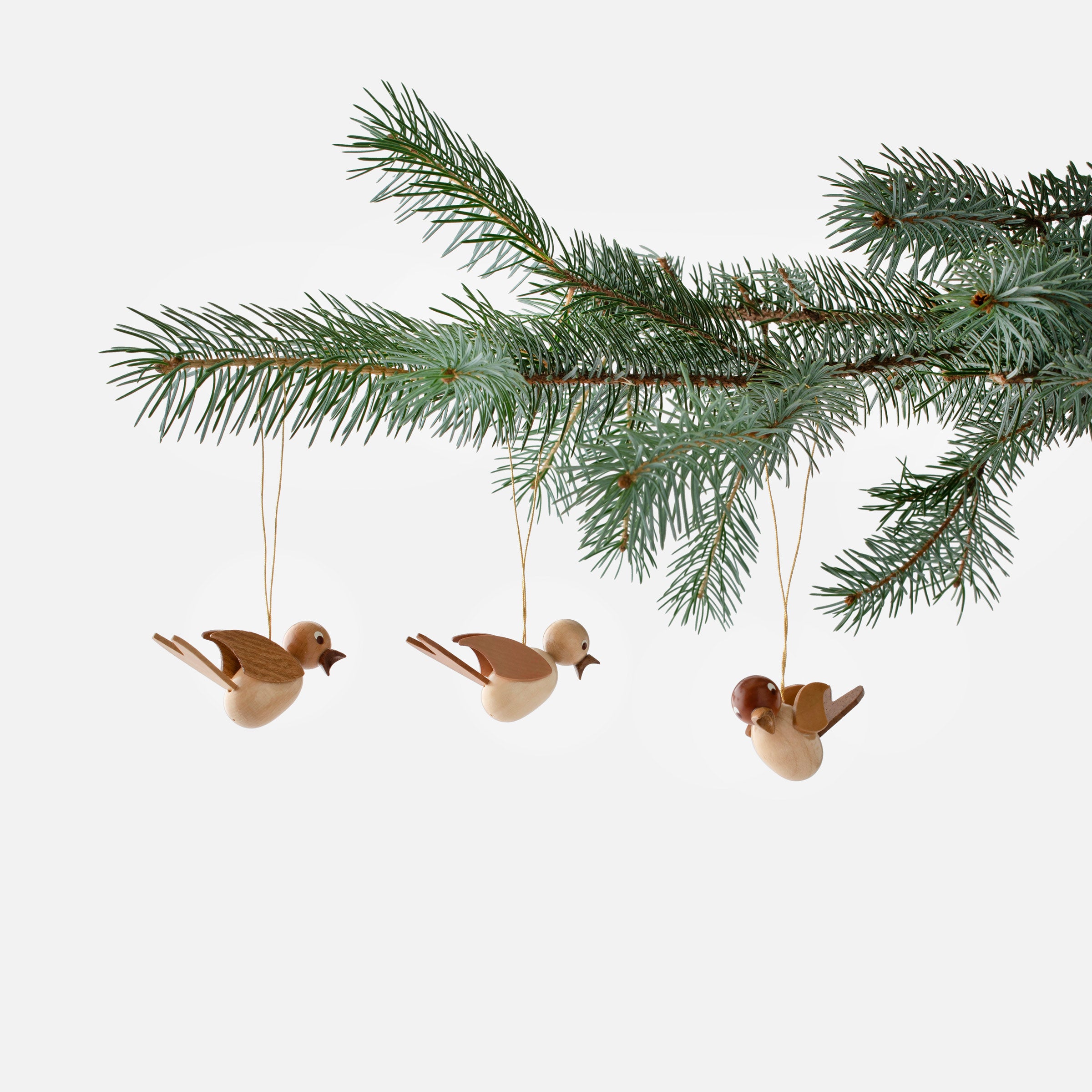 Wooden songbird ornament set hanging on a tree. 