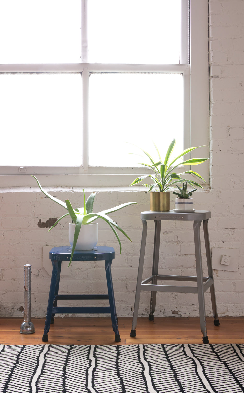couple of potted plants on stools next to a window