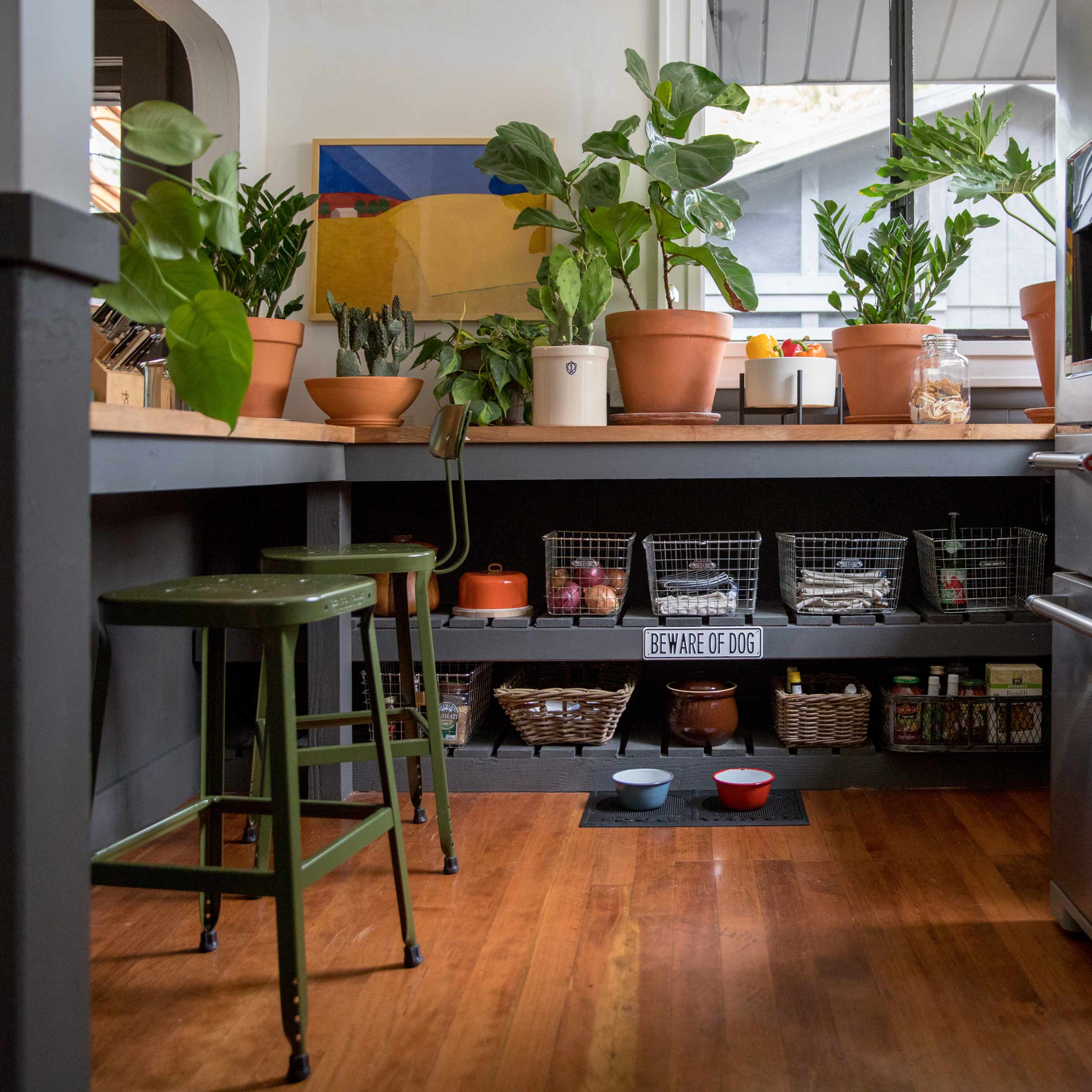 Industrial style breakfast nook full of plants with metal stools at countertop.