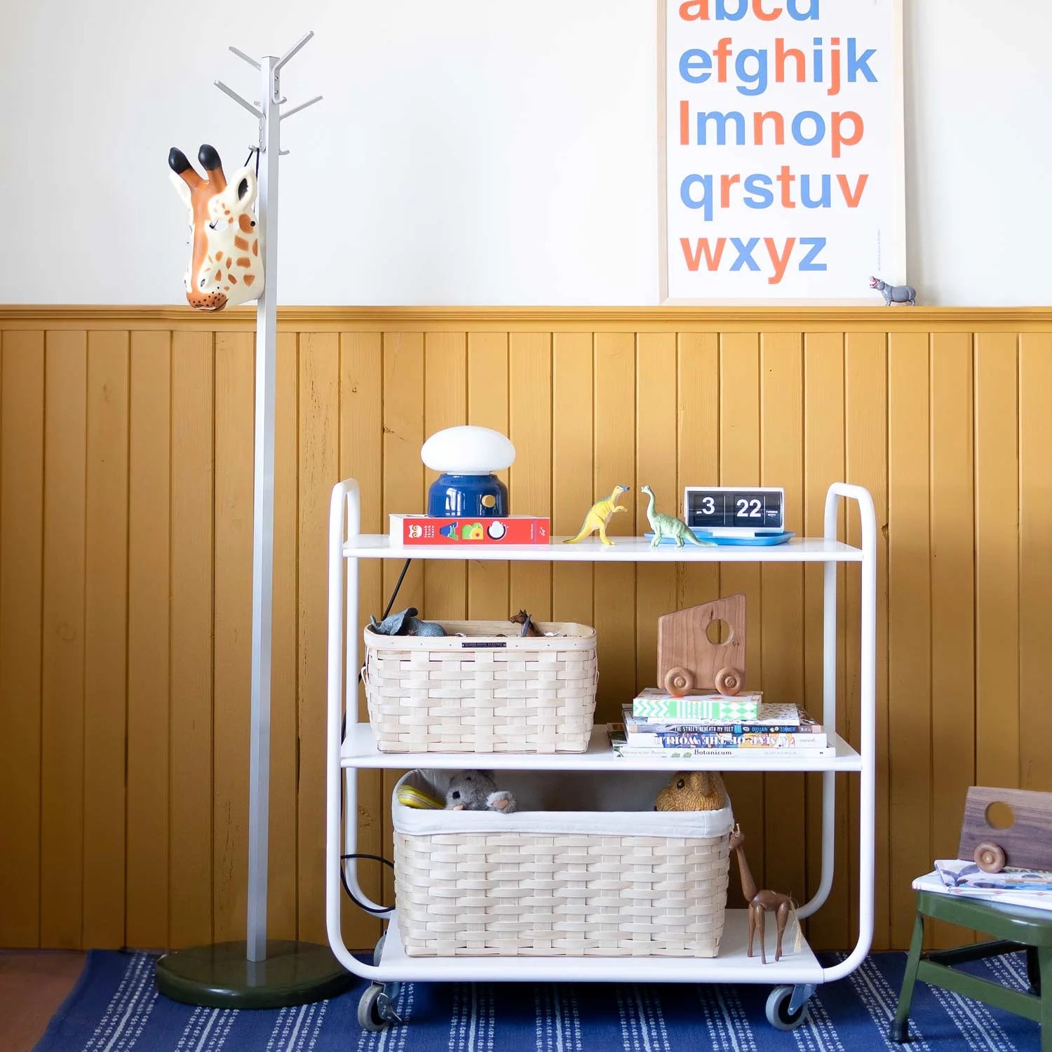 Woven maple storage baskets on a cart.