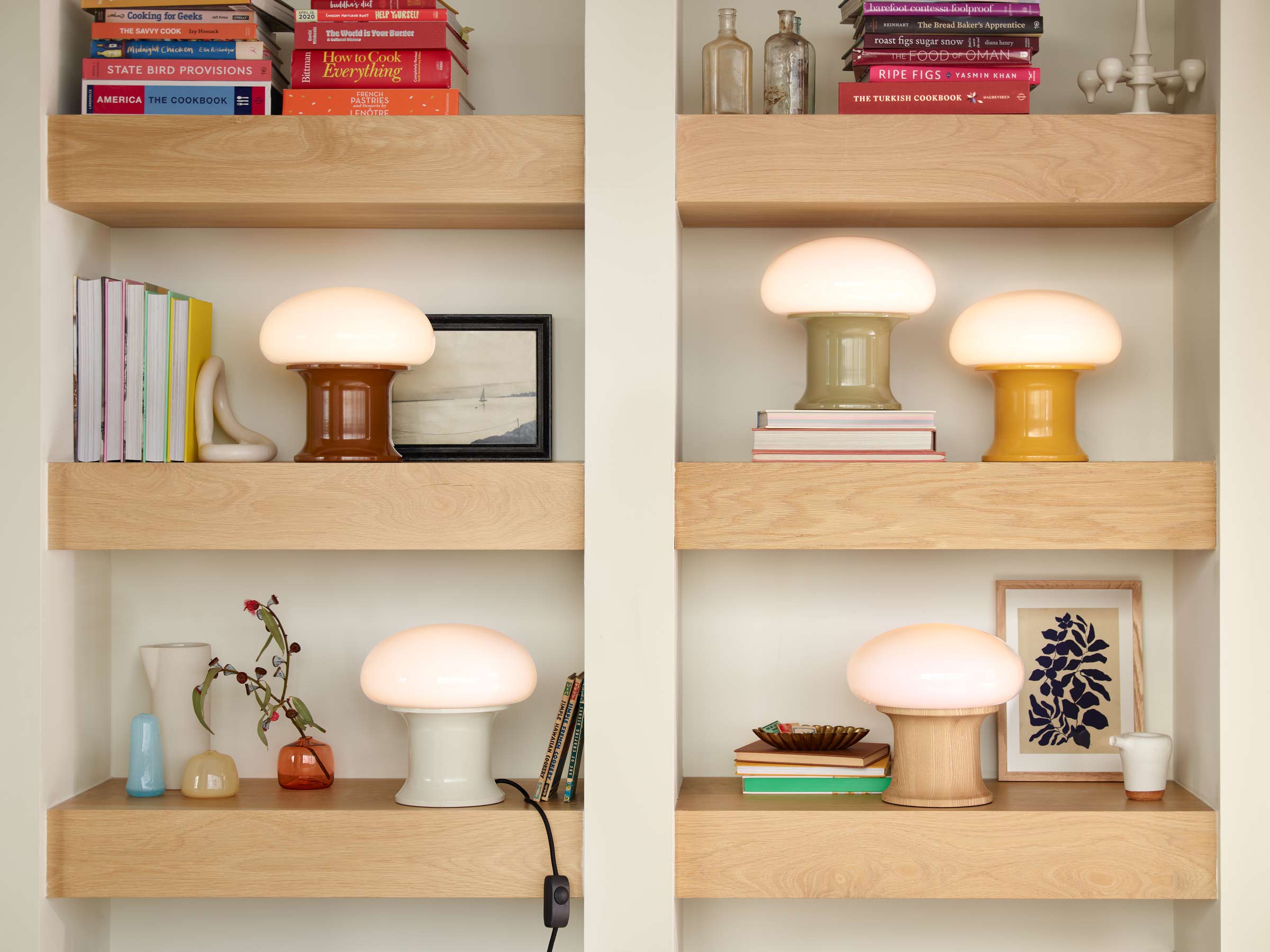 Table lamps on a bookshelf