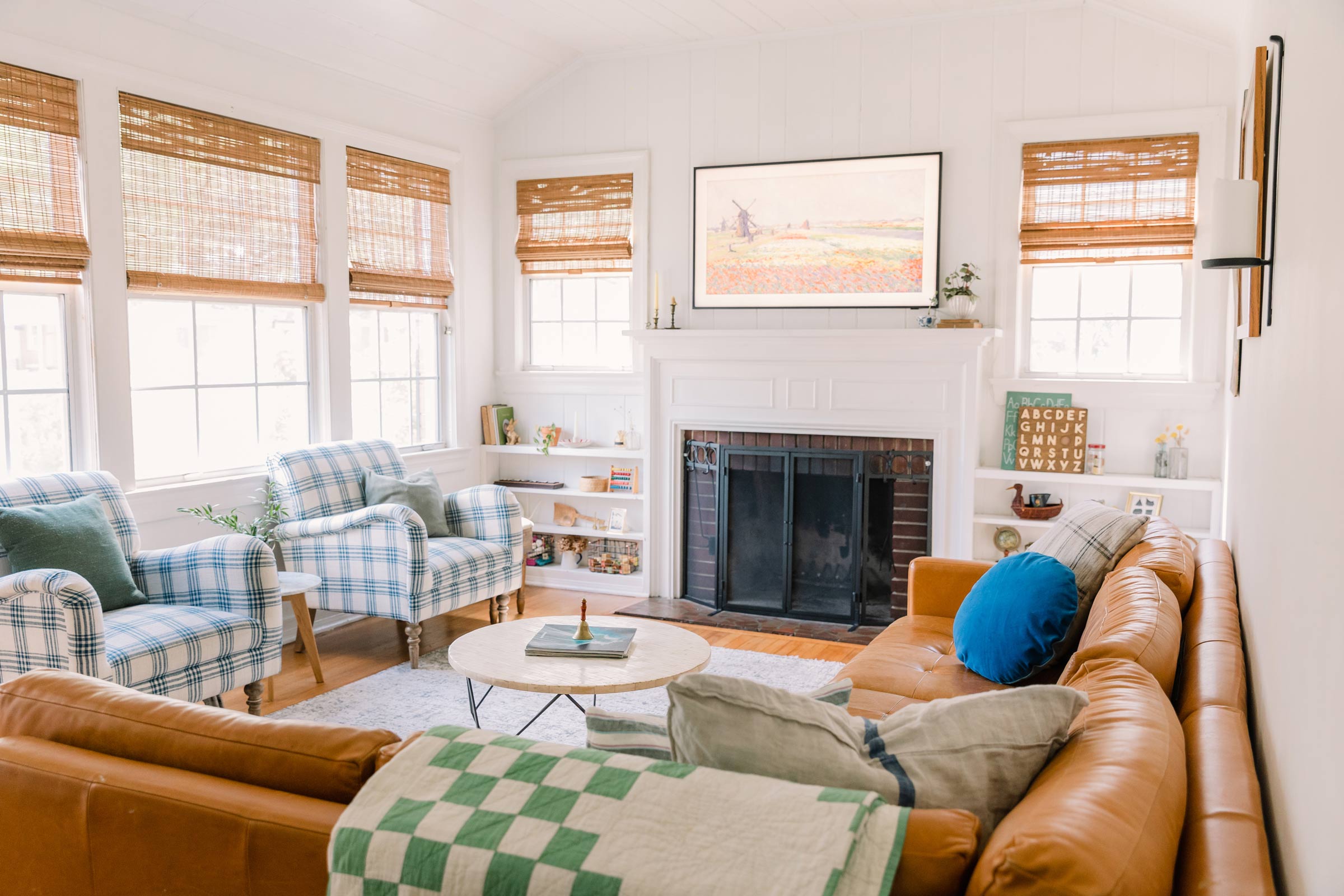 A bright living room in a 1940's bungalow. 