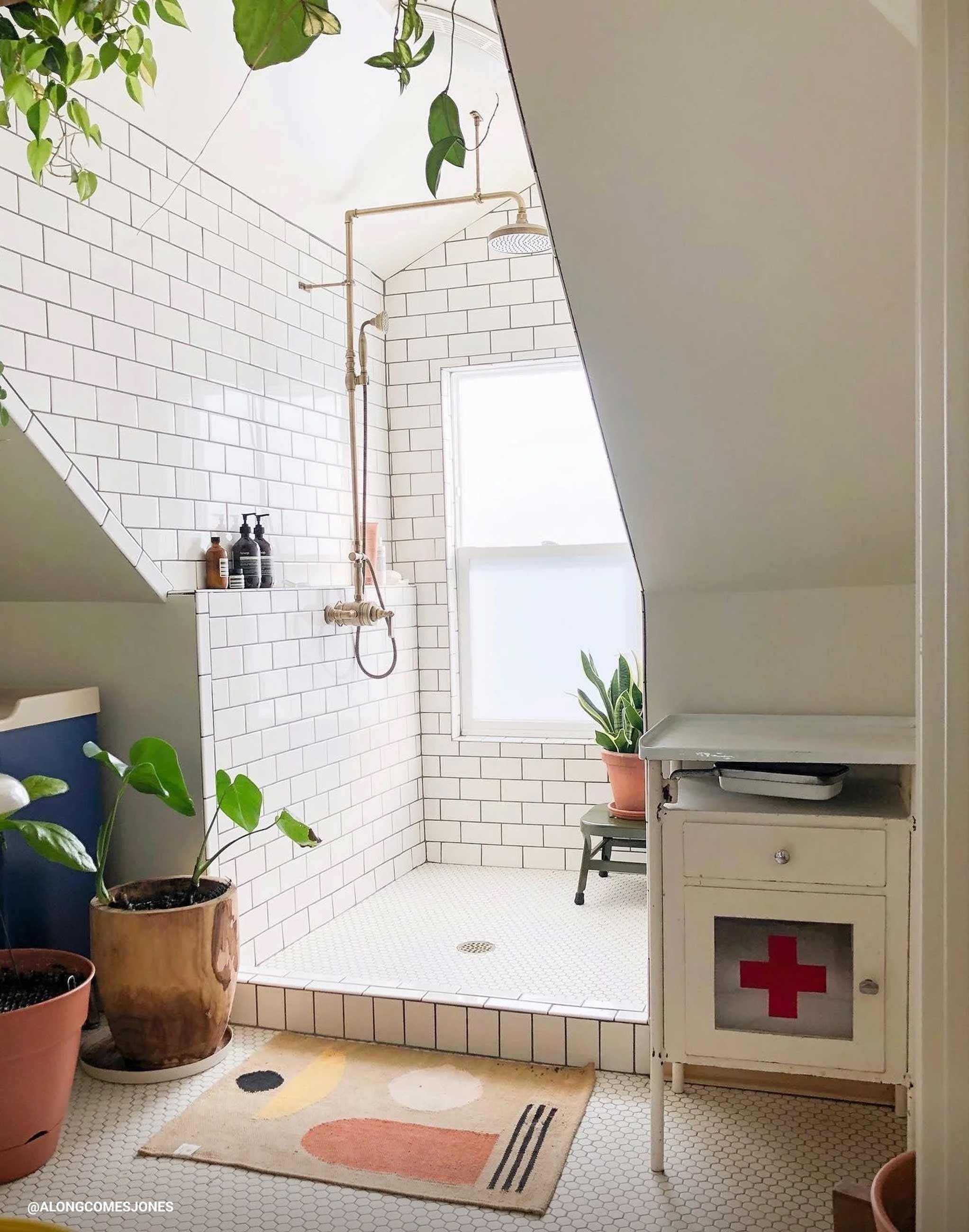 White tiled walk-in shower with lots of plants.