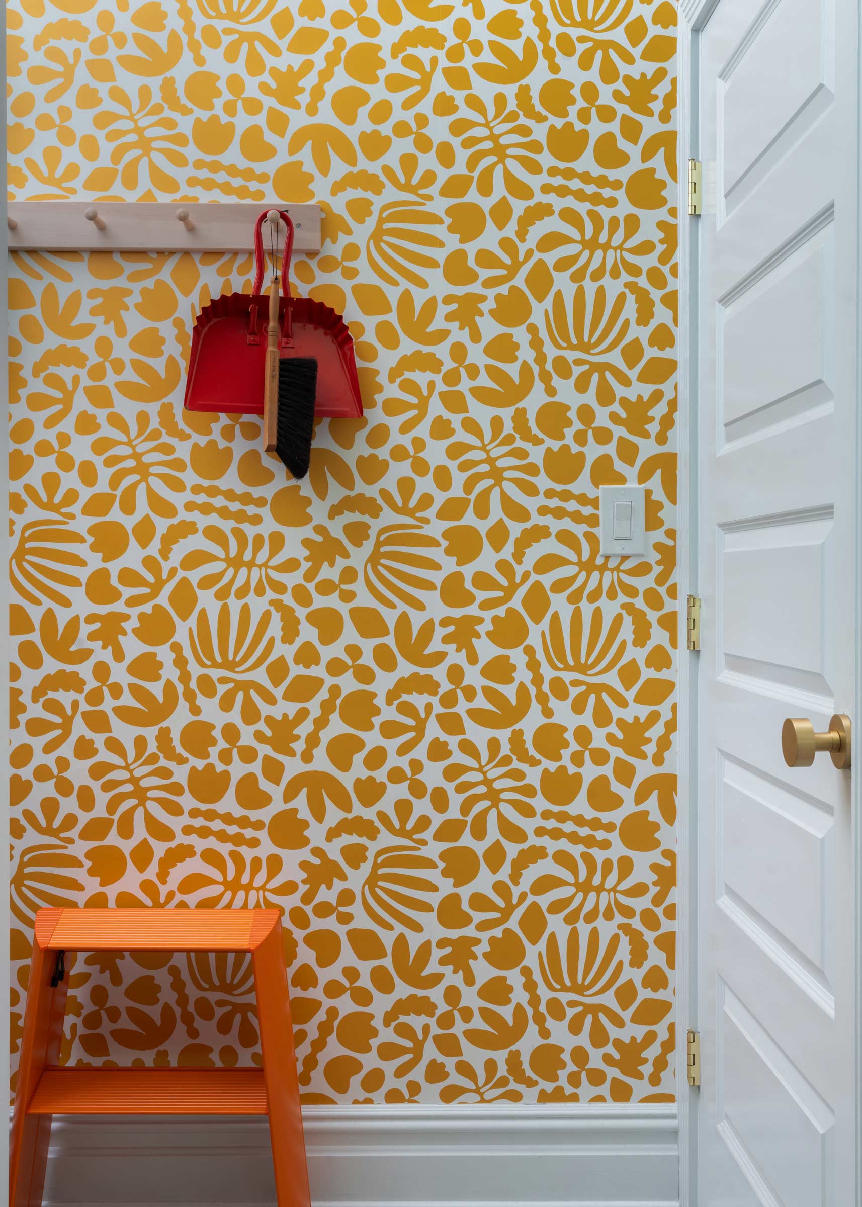 Wallpapered kitchen nook.