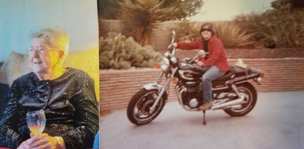 collage of old person holding a glass and a person in a red jacket on a motorcycle