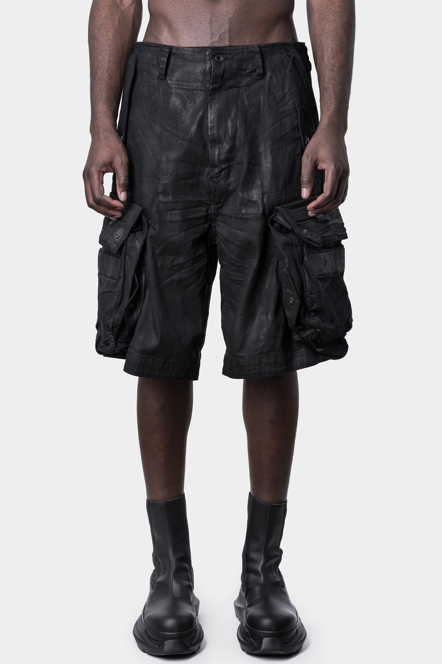 Coated denim cargo shorts