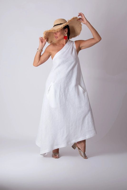 Linen One Shoulder Dress Tiffany EUG Fashion White Summer Collection