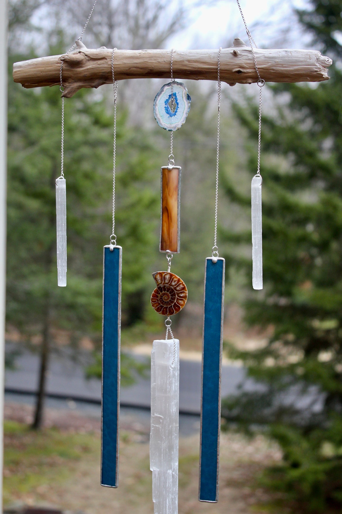 Drift Wood Selenite Stained Glass Mobile with Ammonite