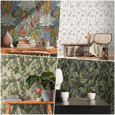 Exotic flowers and leaves wallpaper for interiors
