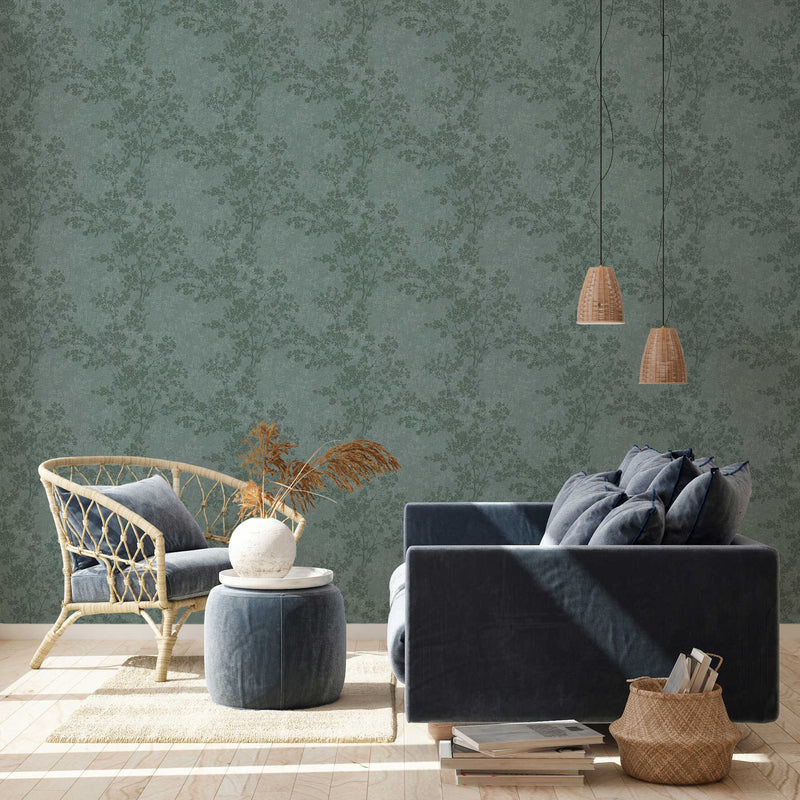 Wallpapers with leaf pattern, linen texture - green 373973 – 