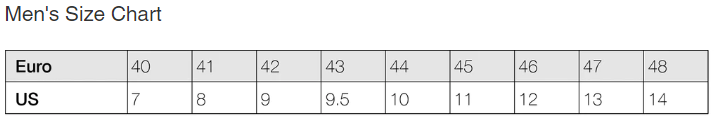 Alegria Mens Size Chart