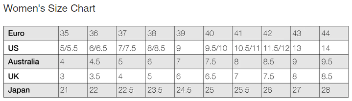 Alegria Womens Size Chart