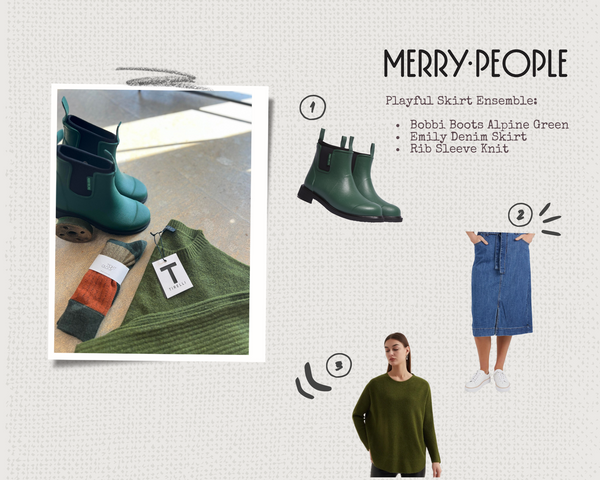 Playful skirt ensemble styling ideas for Merry People Bobbi Boots with a denim skirt from Elm Lifestyle and a green colourful knit from Tirelli