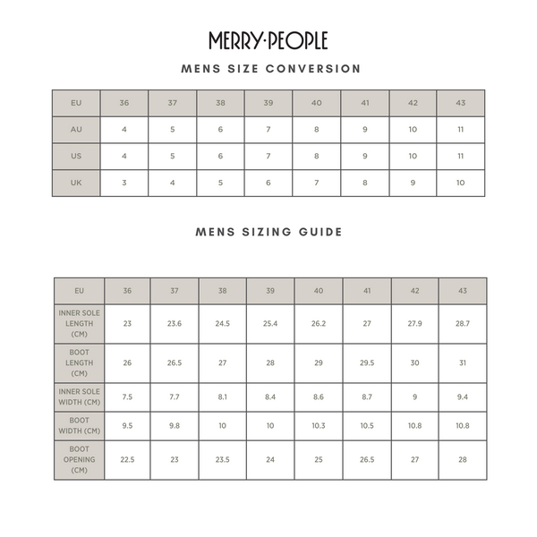 Merry People Men's Size chart