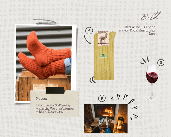 Collage: Bold pairings of Humphrey Law Health Socks, a glass of red wine and a fireplace 