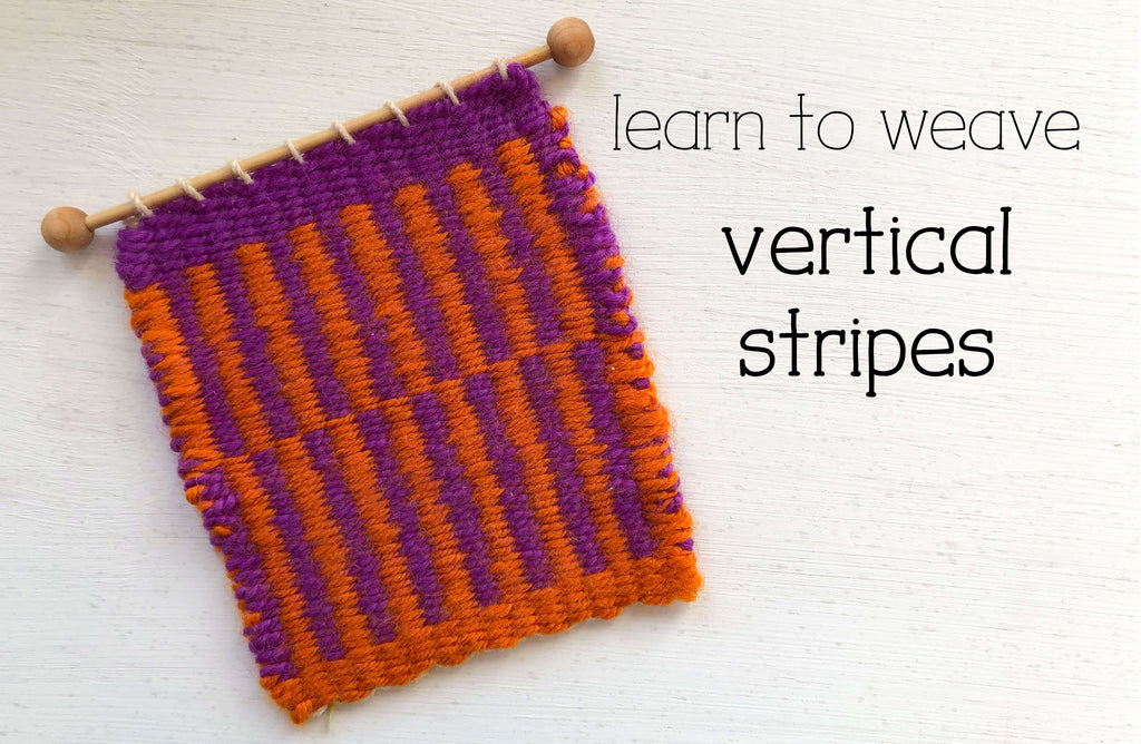 little weaving with vertical stripes, text says learn to weave vertical stripes