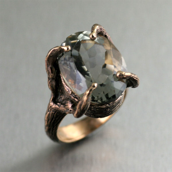 Green Amethyst Tree Branch Handmade Bronze Ring by San Francisco jewelry designer John S Brana