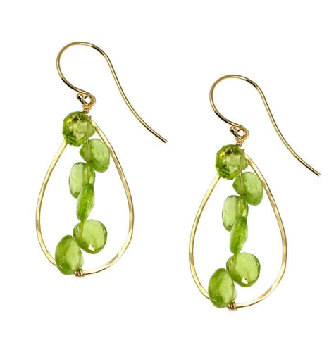 14K Gold Hammered Tear Drop Earrings with Peridot