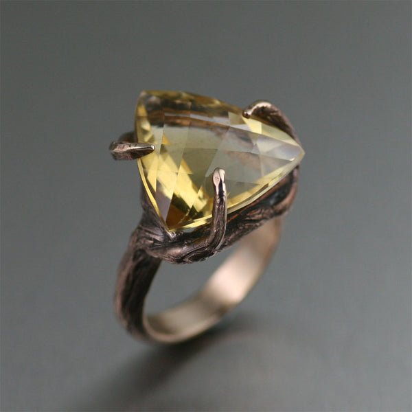 Bronze Tree Branch Ring with Trillion Cut Citrine - Handmade Jewelry by John S Brana