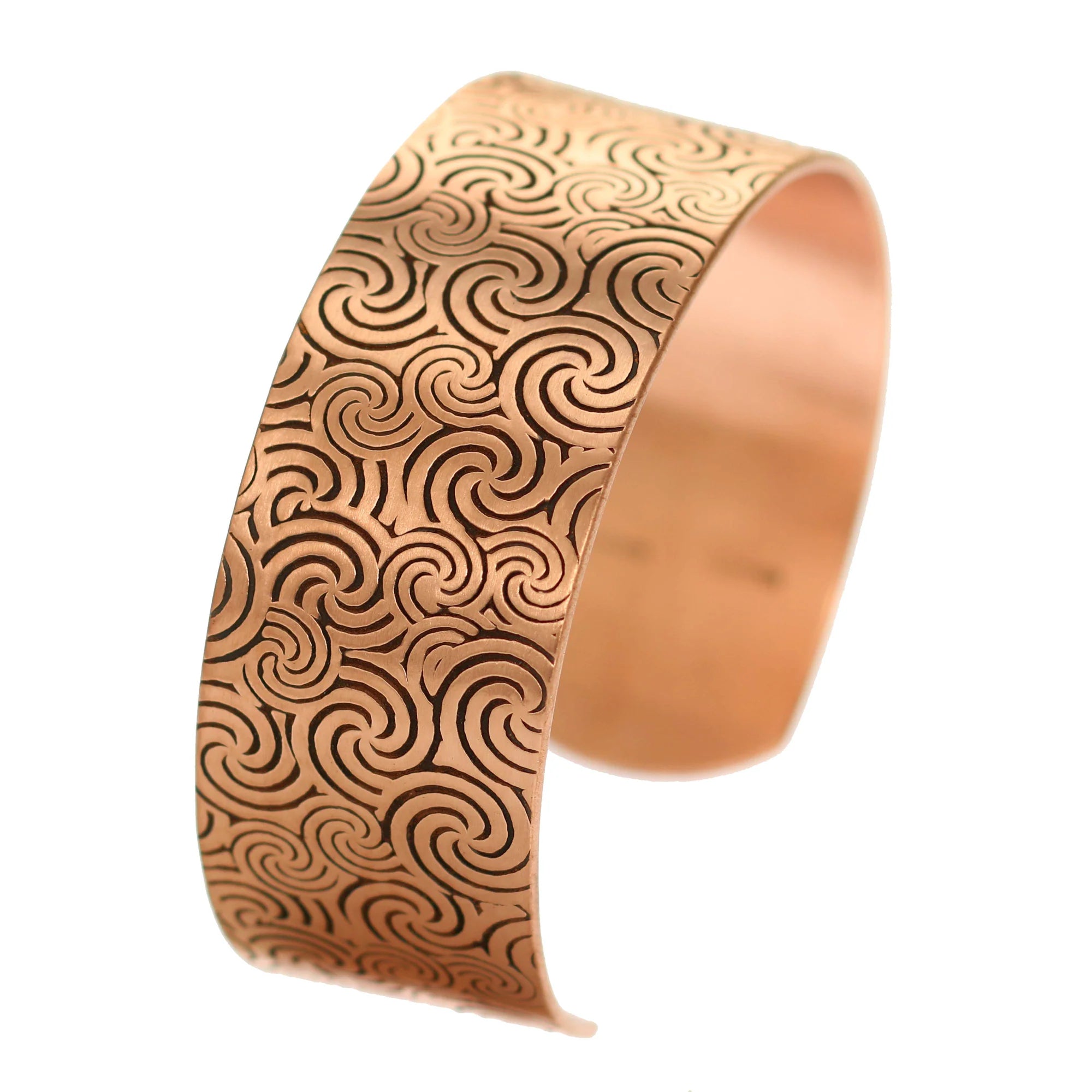 1 Inch Wide Men's Solid Copper Wave Embossed Cuff on a White Background