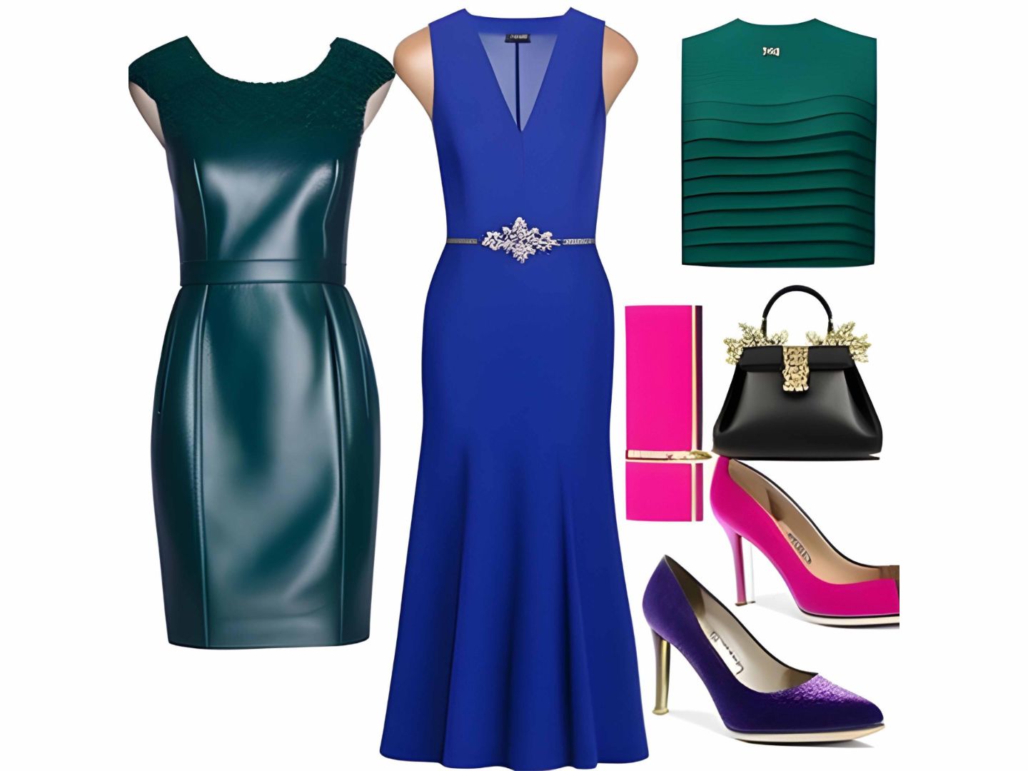 Collage of Bright Colored Clothes and Accessories that Work Well With Copper Jewelry