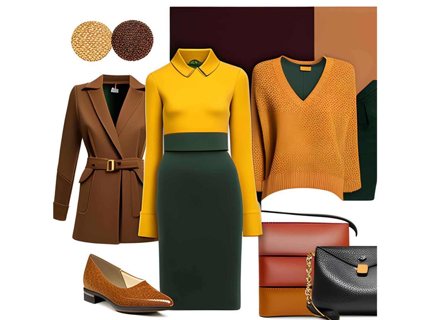 Collage of Earth Tone Colored Clothes and Accessories that Work Well With Copper Jewelry