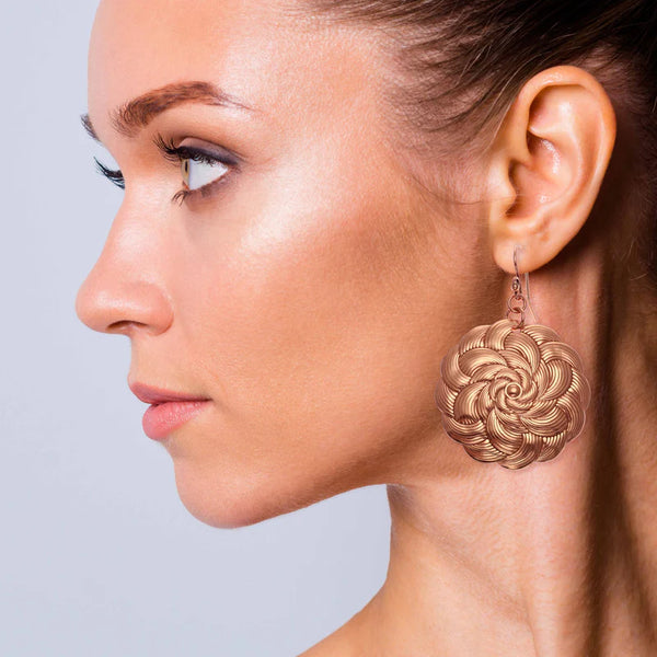 Stylish Women in White T Wearing Copper Mandala Disc Drop Earrings