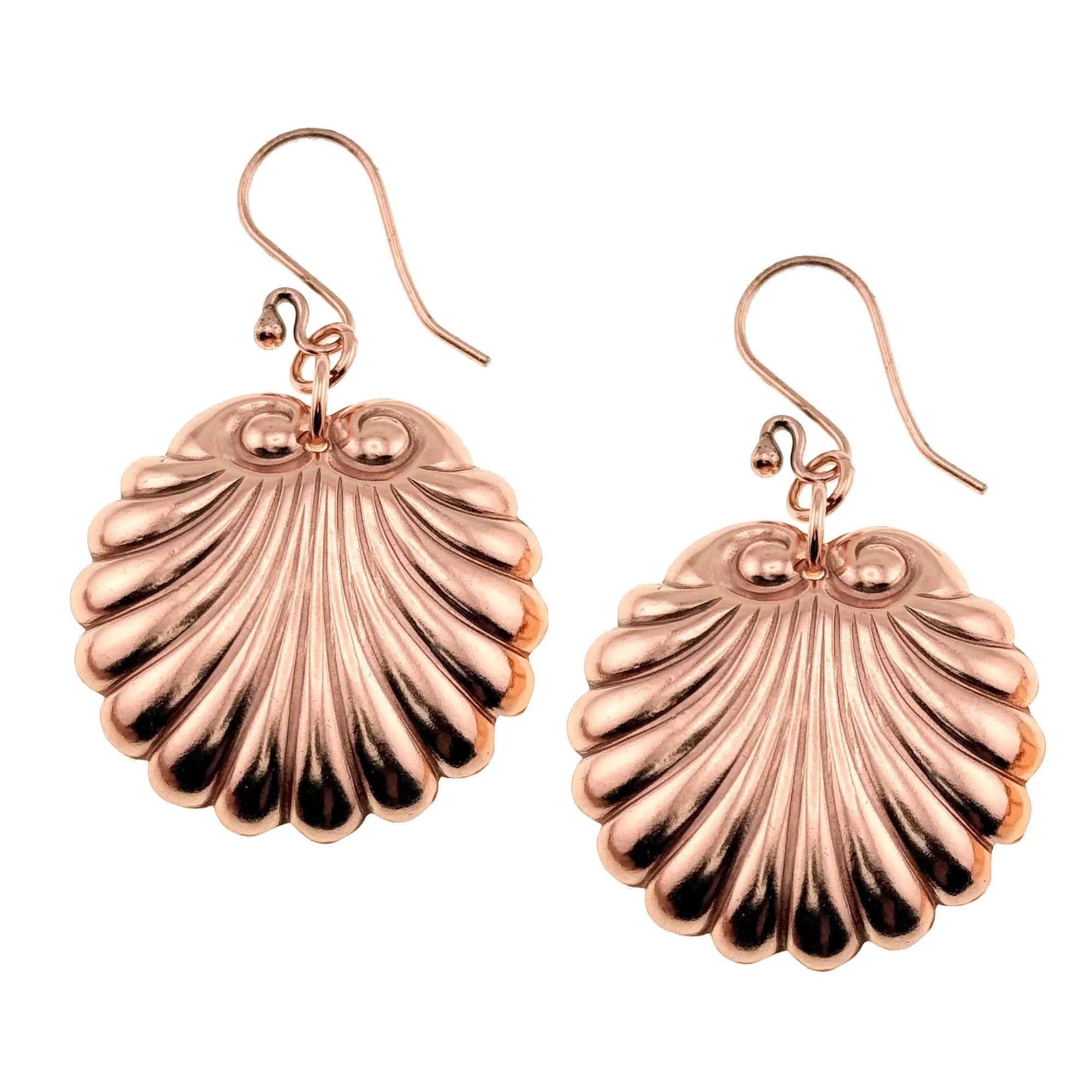 A Pair of Copper Scallop Shell Dangle Earrings on a White Background
