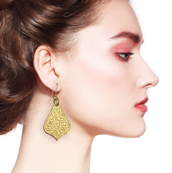 Female Model with red hair wearing Damask Embossed Brass Nu Gold Arabesque Drop Earrings