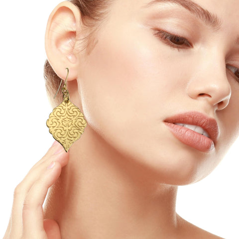 Damask Embossed Brass Nu Gold Moroccan Drop Earrings