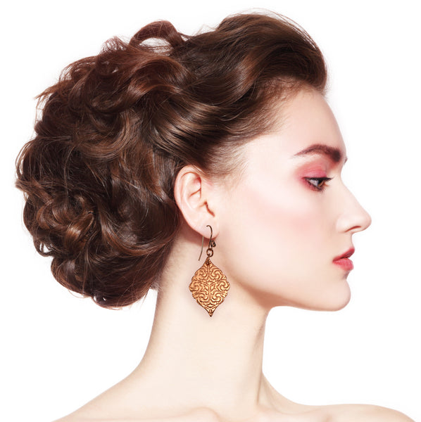 Stunning Woman with Red Hair Wearing Damask Embossed Copper Moroccan Drop Earrings