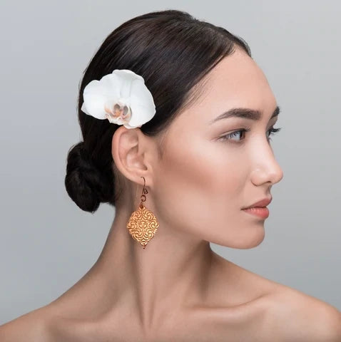 Female Model Wearing Copper Moroccan Damask Embossed Earrings