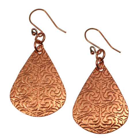 Handcrafted Damask Embossed Copper Teardrop Earrings, elegant and unique jewelry piece