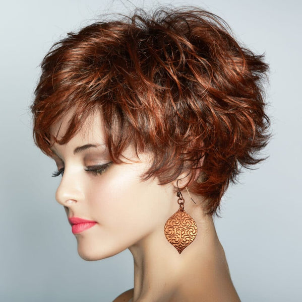 Female Model with red hair wearing Damask Embossed Marrakesh Copper Drop Earrings