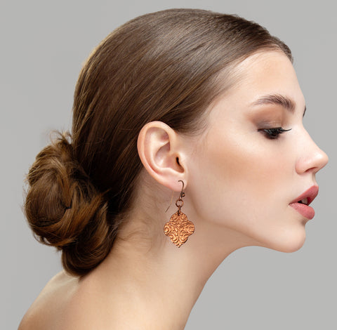 Damask Embossed Copper Quatrefoil Dangle Earrings