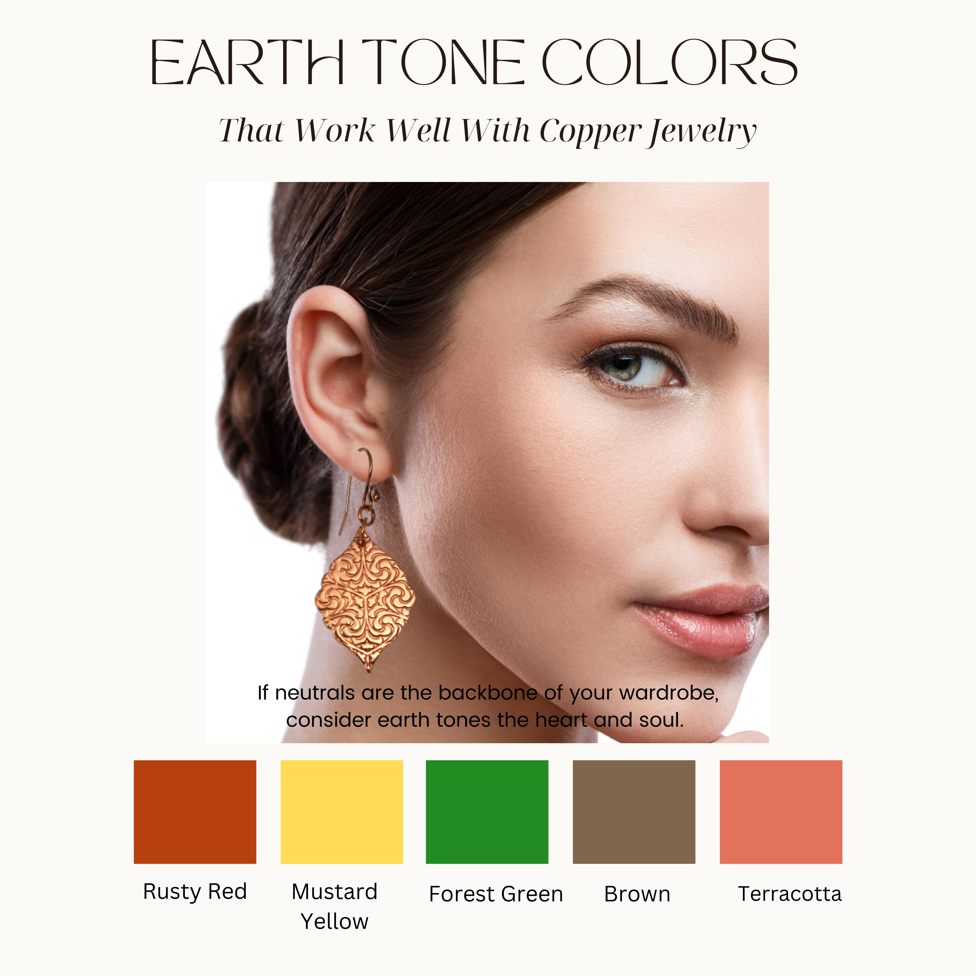 Woman Wearing Copper Earrings, with text "Earth Tone Colors That Work Well With Copper Jewelry"