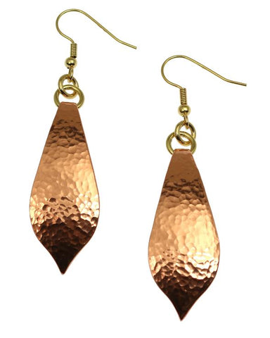 Handmade copper drop earrings with gold ear wires, featuring a stunning hammered metallic finish