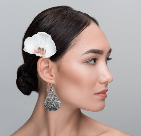 Female Model Wearing Damask Embossed Aluminum Teardrop Earrings