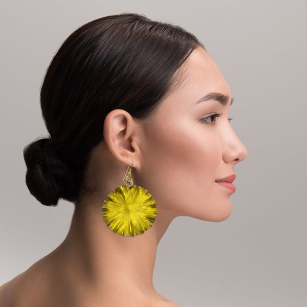 Female Model Wearing Large Canary Yellow Leaf Earrings