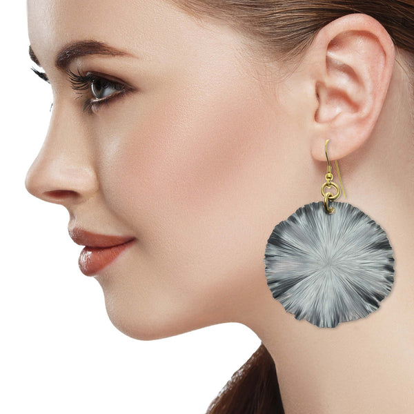 Female Model Wearing Large Lily Pad Anodized Aluminum Pewter Gray Leaf Earrings