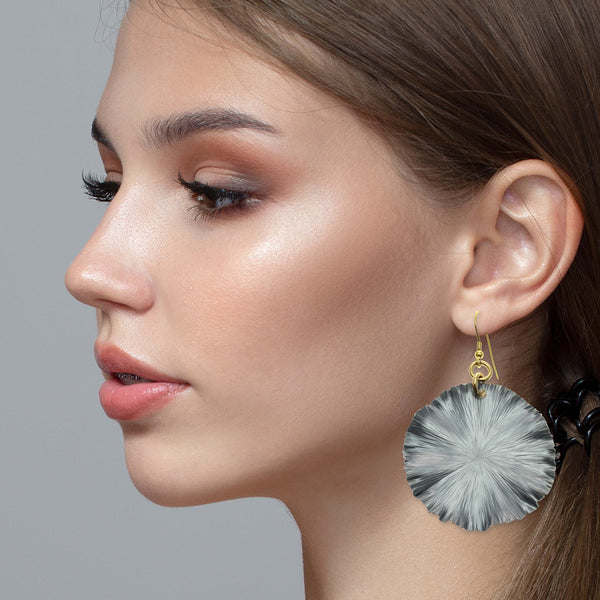 Female Model Wearing Pewter Gray Anodized Lily Pad Leaf Earrings