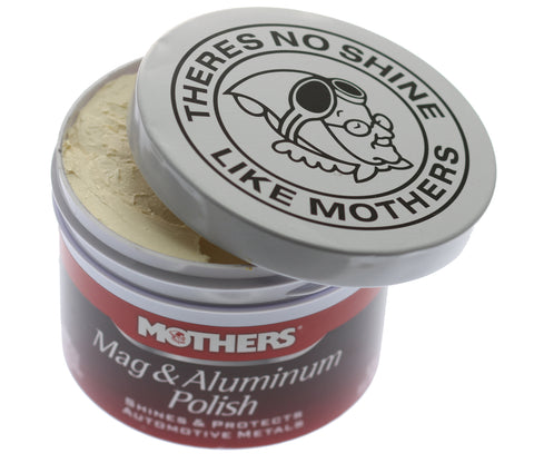 An opened container of Mother's Mag & Aluminum Polish,  specifically designed to clean metal jewelry