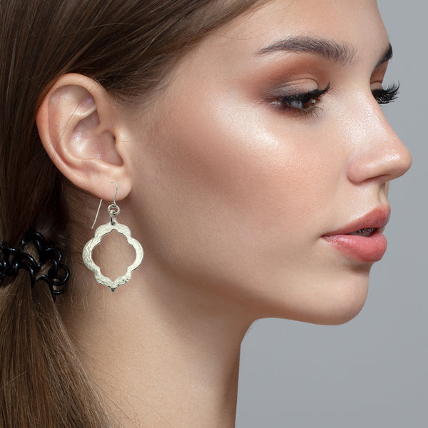 Female Model Wearing Pierced Hammered Quatrefoil Aluminum Earrings