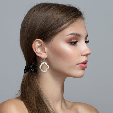 Female Model Wearing Pierced Hammered Quatrefoil Aluminum Earrings