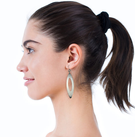 Female Model Wearing Pierced Large Oval Hammered Aluminum Drop Earrings