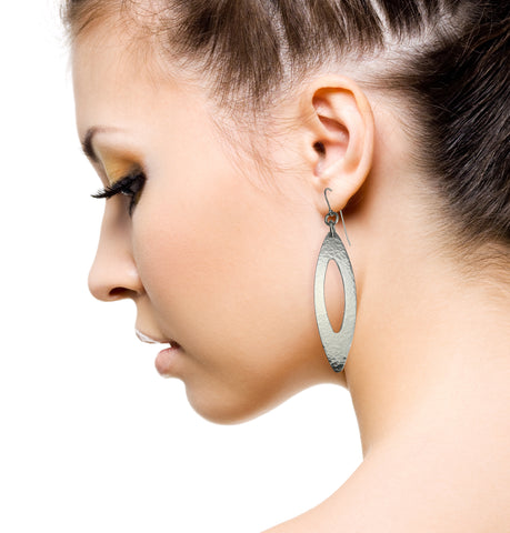 Female Model Wearing Pierced Large Oval Hammered Aluminum Drop Earrings