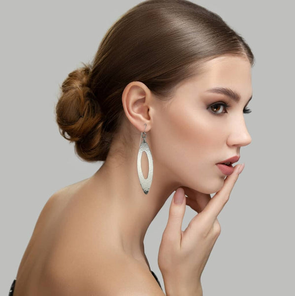 Female Model Wearing Pierced Large Oval Hammered Aluminum Drop Earrings